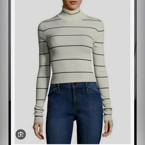Theory Merino Wool Striped Turtleneck Sweater Medium Crop Navy Ivory
